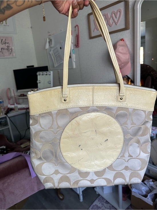 Coach Handbags - Beige Patterned Tote Bag with Leather Trim